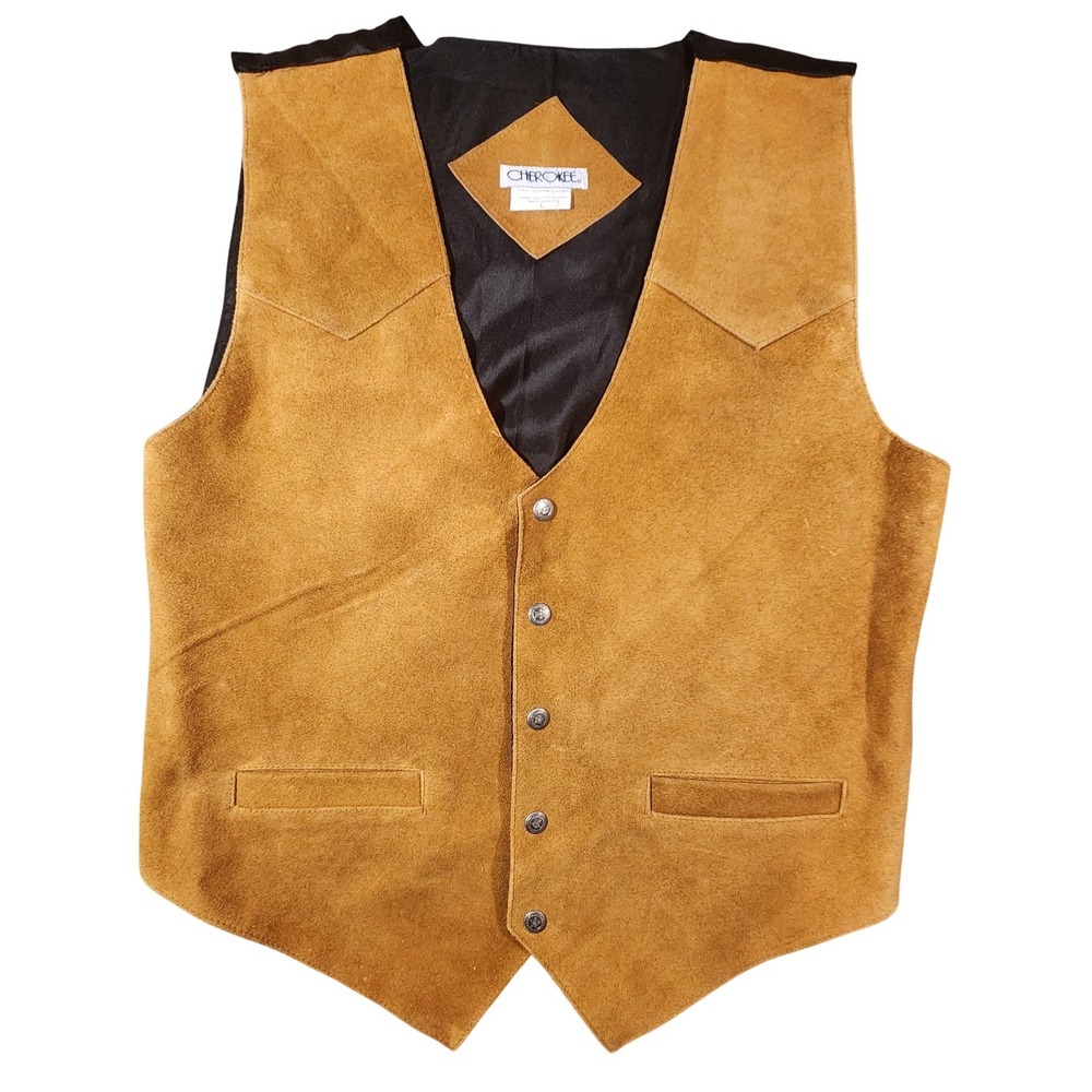 Cherokee Leather Vest Mens Large Brown Suede Western Concho Buttons V-Neck Lined